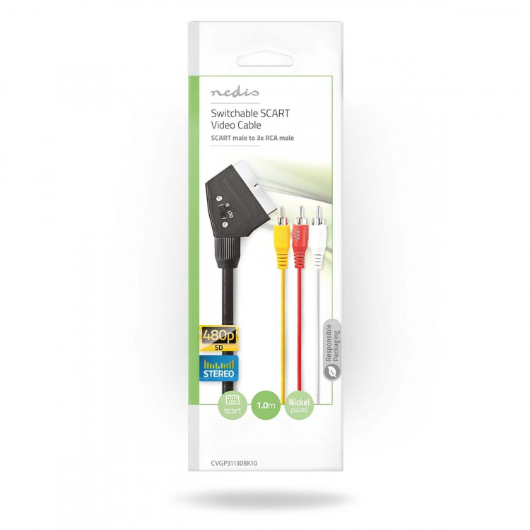 Nedis SCART Cable | SCART Male | 3x RCA Male | Nickel Plated | Switchable | 480p | 1.00 m | Round | PVC | Black | Envelope