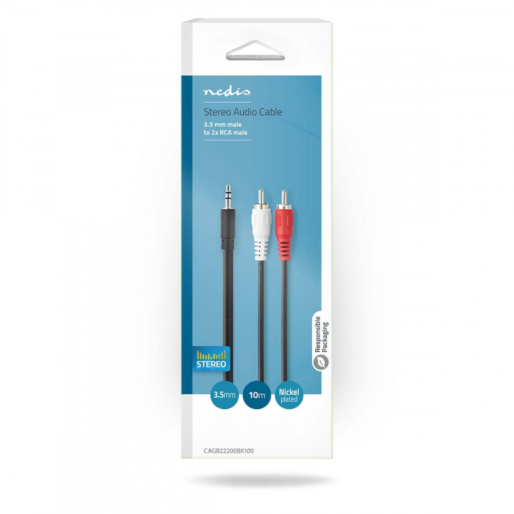 Nedis Stereo Audio Cable | 3.5 mm Male | 2x RCA Male | Nickel Plated | 10.0 m | Round | Black | Box Nedis Stereo Audio Cable | 3.5 mm Male | 2x RCA Male | Nickel Plated | 10.0 m | Round | Black | Box
