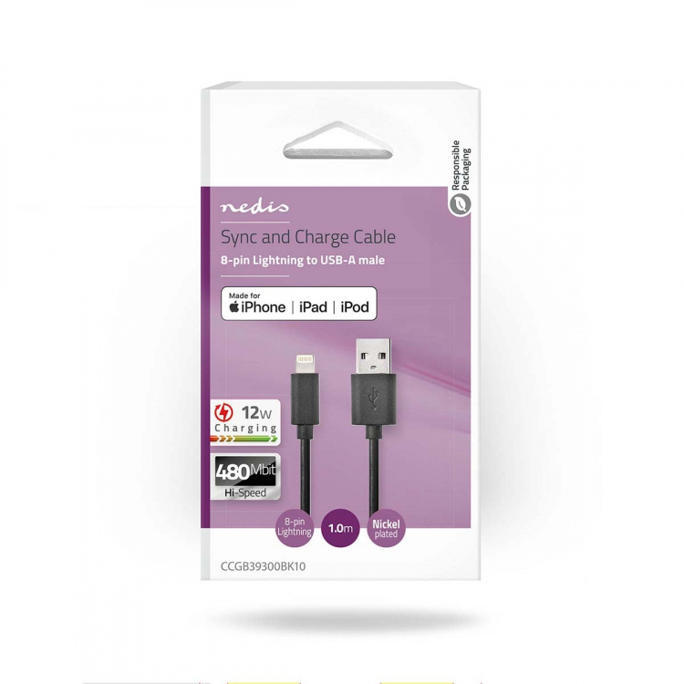 Nedis Lightning Cable | USB 2.0 | Apple Lightning 8-Pin | USB-A Male | 480 Mbps | Nickel Plated | 1.00 m | Round | PVC | Black | Box