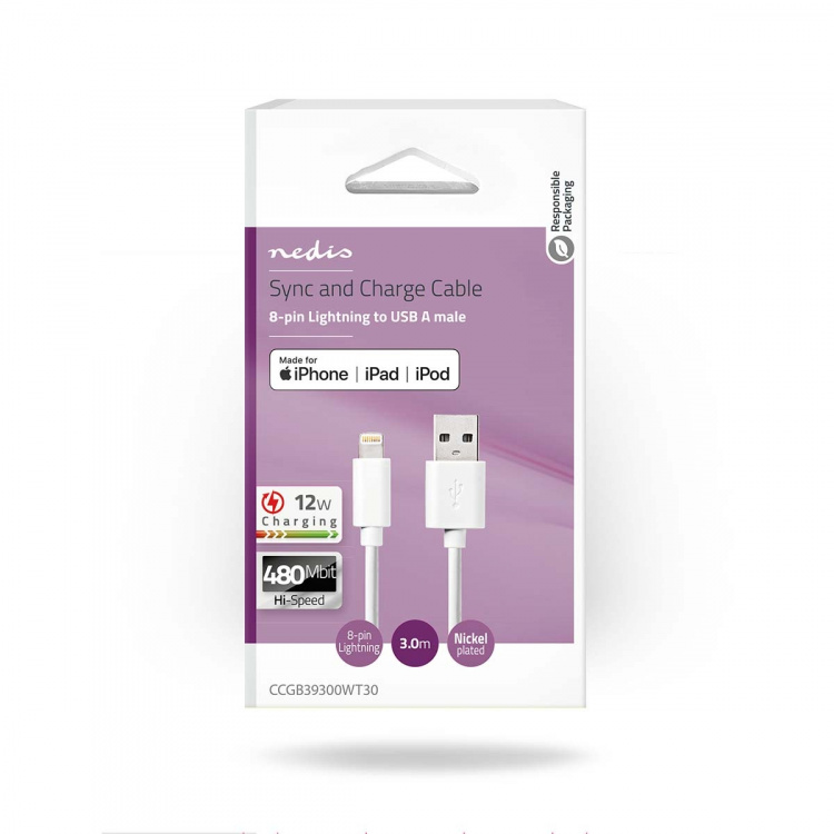 Nedis Lightning Cable | USB 2.0 | Apple Lightning 8-Pin | USB-A Male | 480 Mbps | Nickel Plated | 3.00 m | Round | PVC | White | Box