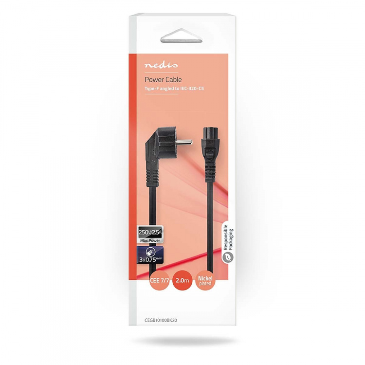 Nedis Power Cable | Plug with earth contact male | IEC-320-C5 | Angled | Straight | Nickel Plated | 2.00 m | Round | PVC | Black | Box