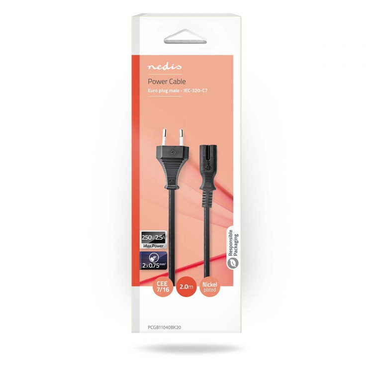 Nedis Power Cable | Euro Male | IEC-320-C7 | Straight | Straight | Nickel Plated | 2.00 m | Flat | PVC | Black | Box