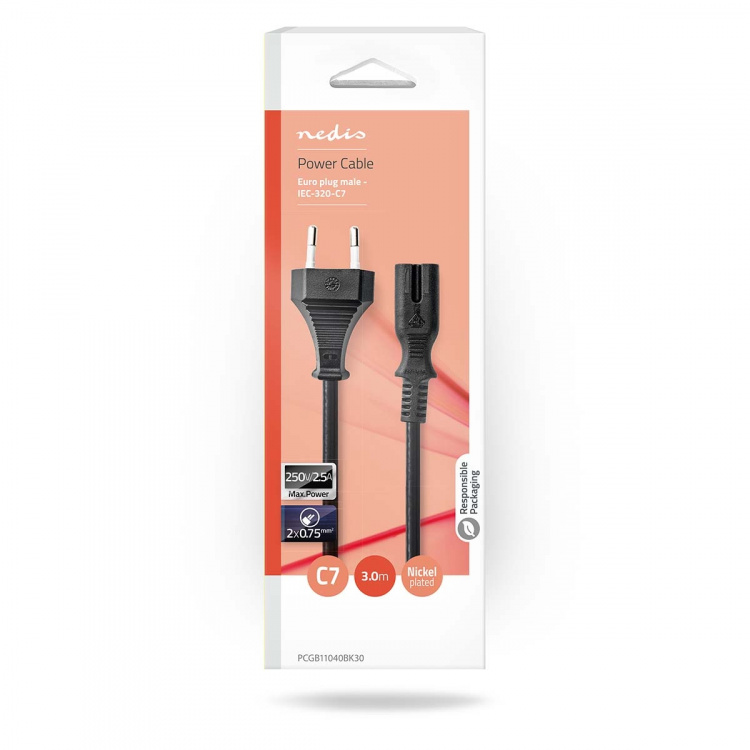 Nedis Power Cable | Euro Male | IEC-320-C7 | Straight | Straight | Nickel Plated | 3.00 m | Flat | PVC | Black | Box
