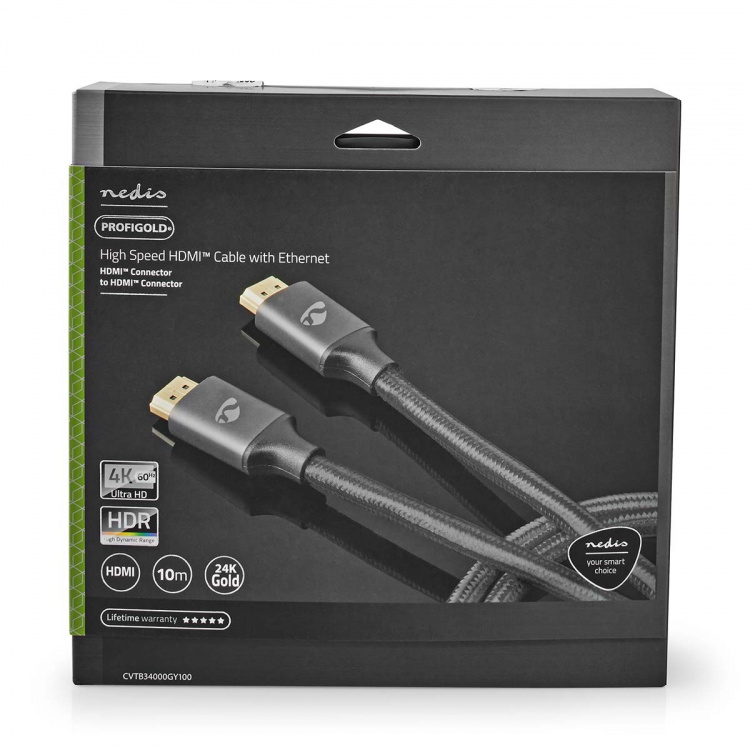 Nedis High Speed HDMI™ Cable with Ethernet | HDMI™ Connector | HDMI™ Connector | 4K@60Hz | ARC | 18 Gbps | 10.0 m | Round | Cotton | Gun Metal Grey | Cover Window Box Nedis High Speed HDMI™ Cable with Ethernet | HDMI™ Connector | HDMI™ Connector | 4K@60Hz | ARC | 18 Gbps | 10.0 m | Round | Cotton | Gun Metal Grey | Cover Window Box