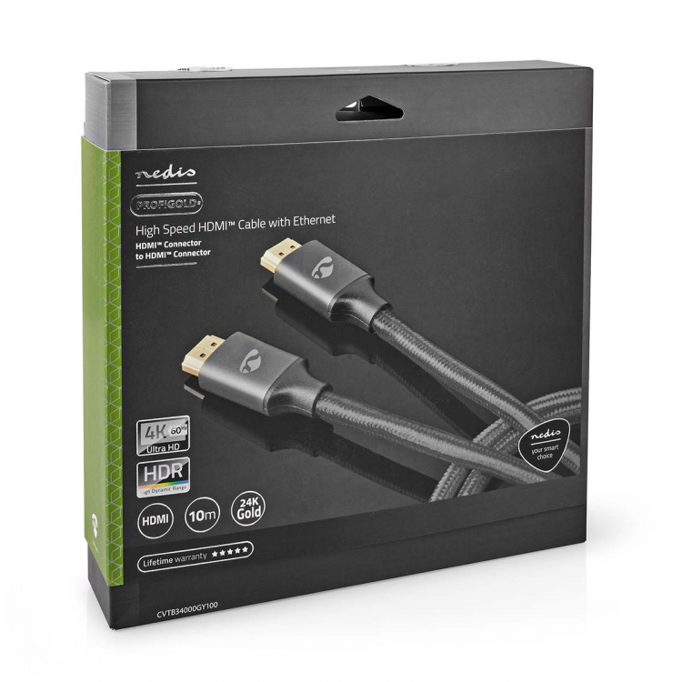 Nedis High Speed HDMI™ Cable with Ethernet | HDMI™ Connector | HDMI™ Connector | 4K@60Hz | ARC | 18 Gbps | 10.0 m | Round | Cotton | Gun Metal Grey | Cover Window Box Nedis High Speed HDMI™ Cable with Ethernet | HDMI™ Connector | HDMI™ Connector | 4K@60Hz | ARC | 18 Gbps | 10.0 m | Round | Cotton | Gun Metal Grey | Cover Window Box