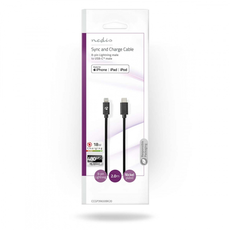 Nedis Lightning Cable | USB 2.0 | Apple Lightning 8-Pin | USB-C™ Male | 480 Mbps | Nickel Plated | 2.00 m | Round | PVC | Black | Envelope