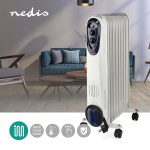 Nedis Mobile Oil Radiator | 800 / 1200 / 2000 W | 9 Fins | Adjustable thermostat | 3 Heat Settings | Fall over protection | White