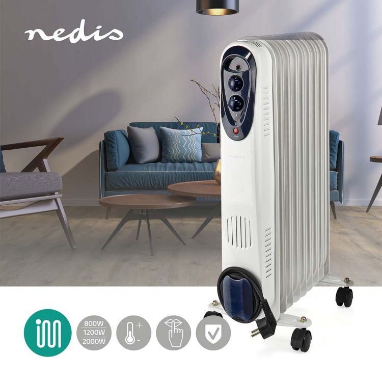 Nedis Mobile Oil Radiator | 800 / 1200 / 2000 W | 9 Fins | Adjustable thermostat | 3 Heat Settings | Fall over protection | White