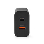 Nedis Wall Charger | Quick charge feature | 2.0 / 2.25 / 3.25 A | Number of outputs: 2 | USB-A / USB-C™ | Automatic Voltage Selection | Black