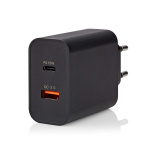 Nedis Wall Charger | Quick charge feature | 2.0 / 2.25 / 3.25 A | Number of outputs: 2 | USB-A / USB-C™ | Automatic Voltage Selection | Black