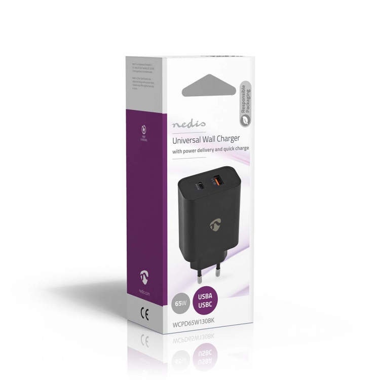 Nedis Wall Charger | Quick charge feature | 2.0 / 2.25 / 3.25 A | Number of outputs: 2 | USB-A / USB-C™ | Automatic Voltage Selection | Black