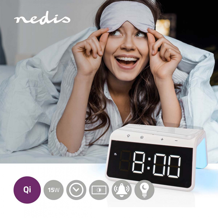 Nedis Alarm clock with wireless charging | Qi certified | 5 / 7.5 / 10 / 15 W | USB-A Male | Night Light | 2 Alarm Times | Snooze function Nedis Alarm clock with wireless charging | Qi certified | 5 / 7.5 / 10 / 15 W | USB-A Male | Night Light | 2 Alarm Times | Snooze function
