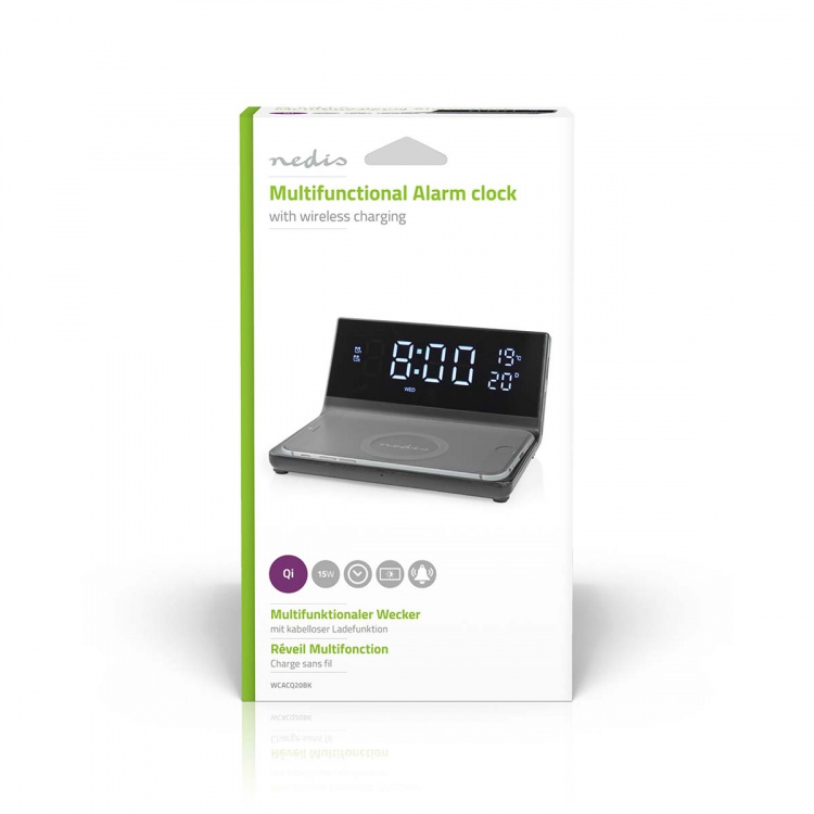 Nedis Alarm clock with wireless charging | Qi certified | 5 / 7.5 / 10 / 15 W | USB-A Male | 2 Alarm Times | Snooze function