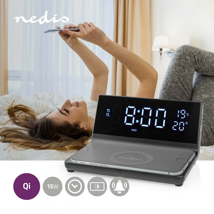 Nedis Alarm clock with wireless charging | Qi certified | 5 / 7.5 / 10 / 15 W | USB-A Male | 2 Alarm Times | Snooze function