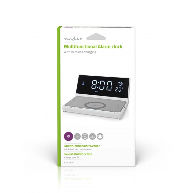 Nedis Alarm clock with wireless charging | Qi certified | 5 / 7.5 / 10 / 15 W | USB-A Male | 2 Alarm Times | Snooze function