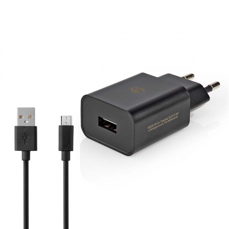 Nedis Wall Charger | 1.0 A | Number of outputs: 1 | USB-A | Micro USB (Loose) Cable | 1.00 m | Single Voltage Output | Black
