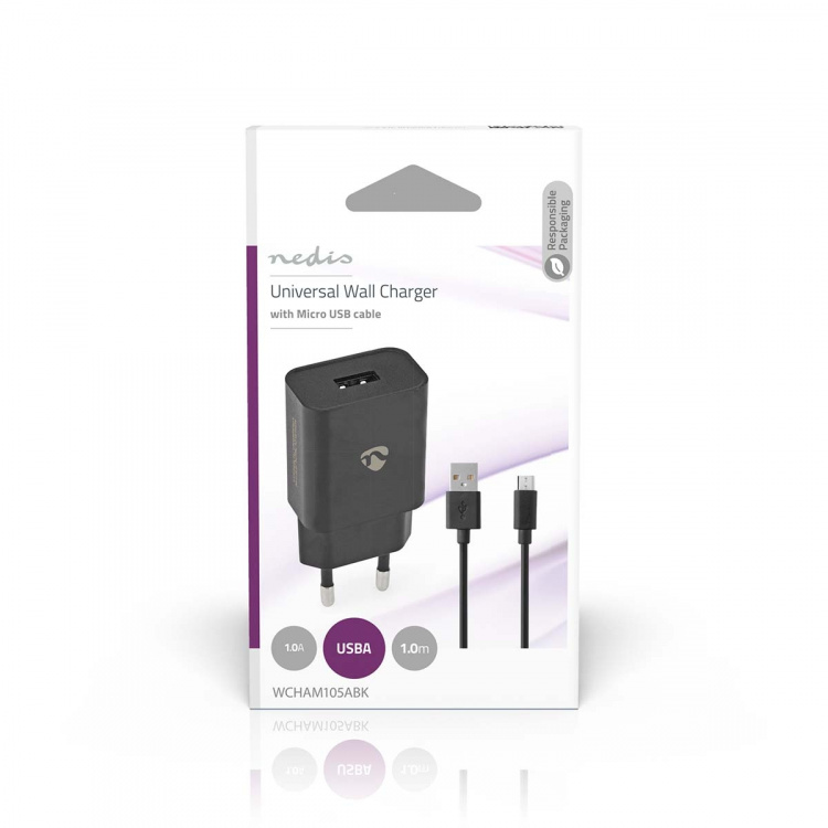 Nedis Wall Charger | 1.0 A | Number of outputs: 1 | USB-A | Micro USB (Loose) Cable | 1.00 m | Single Voltage Output | Black