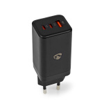 Nedis Wall Charger | PD3.0 18W / PD3.0 20W / PD3.0 27W / PD3.0 36W / PD3.0 45W / PD3.0 60W / PD3.0 65W / QC3.0 | Quick charge feature | 3.0 / 3.25 A | Number of outputs: 3 | USB-A / 2x USB-C™ | Automatic Voltage Selection | Black