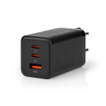Nedis Wall Charger | PD3.0 18W / PD3.0 20W / PD3.0 27W / PD3.0 36W / PD3.0 45W / PD3.0 60W / PD3.0 65W / QC3.0 | Quick charge feature | 3.0 / 3.25 A | Number of outputs: 3 | USB-A / 2x USB-C™ | Automatic Voltage Selection | Black