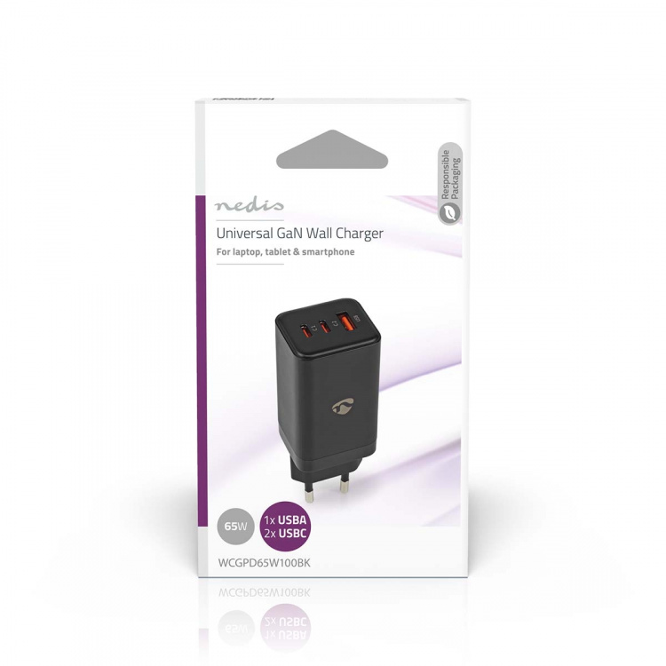 Nedis Wall Charger | PD3.0 18W / PD3.0 20W / PD3.0 27W / PD3.0 36W / PD3.0 45W / PD3.0 60W / PD3.0 65W / QC3.0 | Quick charge feature | 3.0 / 3.25 A | Number of outputs: 3 | USB-A / 2x USB-C™ | Automatic Voltage Selection | Black