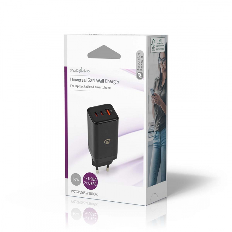 Nedis Wall Charger | PD3.0 18W / PD3.0 20W / PD3.0 27W / PD3.0 36W / PD3.0 45W / PD3.0 60W / PD3.0 65W / QC3.0 | Quick charge feature | 3.0 / 3.25 A | Number of outputs: 3 | USB-A / 2x USB-C™ | Automatic Voltage Selection | Black