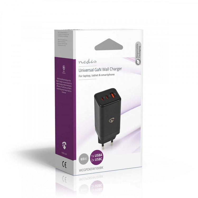 Nedis Wall Charger | PD3.0 18W / PD3.0 20W / PD3.0 27W / PD3.0 36W / PD3.0 45W / PD3.0 60W / PD3.0 65W / QC3.0 | Quick charge feature | 3.0 / 3.25 A | Number of outputs: 3 | USB-A / 2x USB-C™ | Automatic Voltage Selection | Black