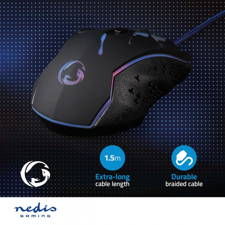 Nedis Gaming Mouse | Wired | 1200 / 1800 / 2400 / 3600 dpi | Adjustable DPI | Number of buttons: 6 | Programmable buttons | Right-Handed | 1.50 m | LED