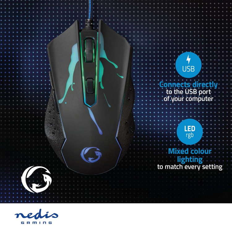 Nedis Gaming Mouse | Wired | 1200 / 1800 / 2400 / 3600 dpi | Adjustable DPI | Number of buttons: 6 | Programmable buttons | Right-Handed | 1.50 m | LED