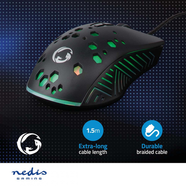 Nedis Gaming Mouse | Wired | 800 / 1200 / 2400 / 3200 / 4800 / 7200 dpi | Adjustable DPI | Number of buttons: 7 | Programmable buttons | Right-Handed | 1.50 m | RGB