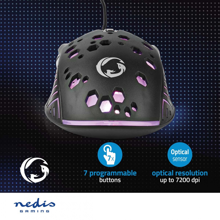 Nedis Gaming Mouse | Wired | 800 / 1200 / 2400 / 3200 / 4800 / 7200 dpi | Adjustable DPI | Number of buttons: 7 | Programmable buttons | Right-Handed | 1.50 m | RGB