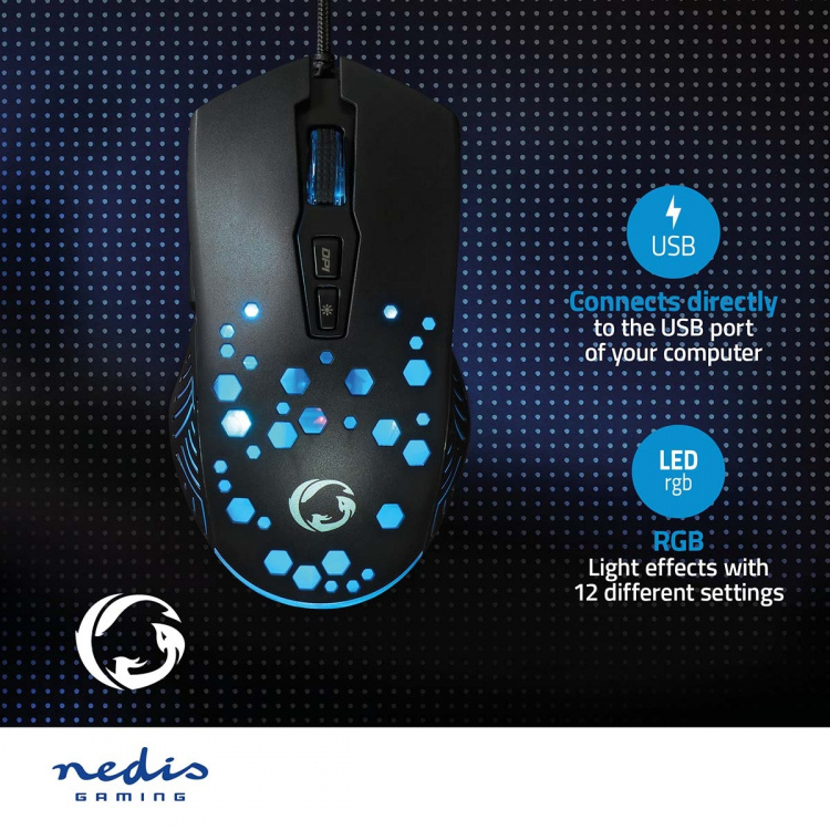 Nedis Gaming Mouse | Wired | 800 / 1200 / 2400 / 3200 / 4800 / 7200 dpi | Adjustable DPI | Number of buttons: 7 | Programmable buttons | Right-Handed | 1.50 m | RGB