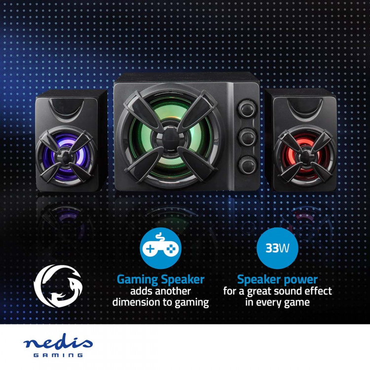 Nedis Gaming Speaker | Speaker channels: 2.1 | USB Powered | 3.5 mm Male | 33 W | LED | Volume control Nedis Gaming Speaker | Speaker channels: 2.1 | USB Powered | 3.5 mm Male | 33 W | LED | Volume control