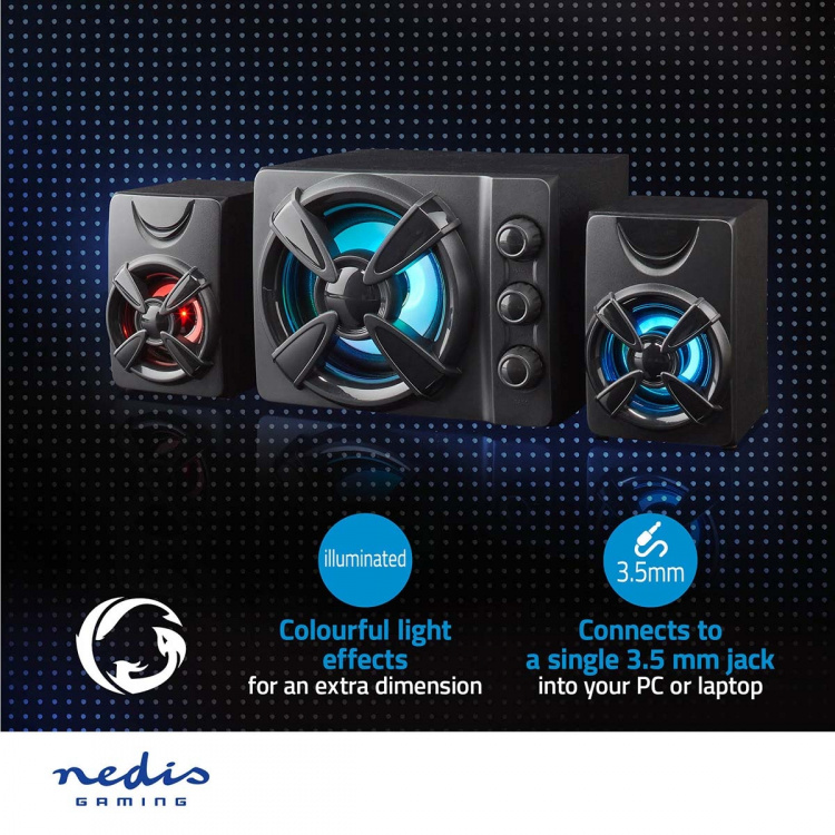 Nedis Gaming Speaker | Speaker channels: 2.1 | USB Powered | 3.5 mm Male | 33 W | LED | Volume control Nedis Gaming Speaker | Speaker channels: 2.1 | USB Powered | 3.5 mm Male | 33 W | LED | Volume control