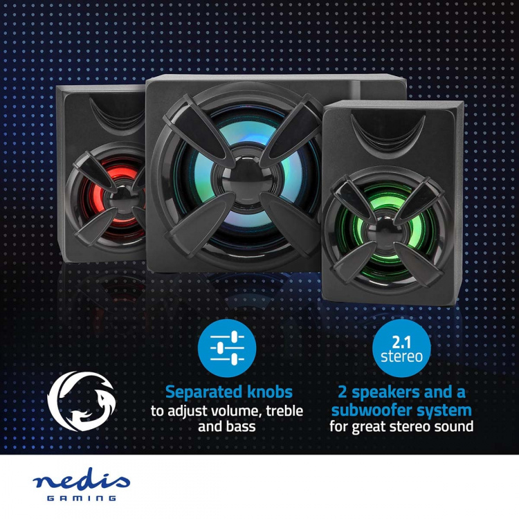 Nedis Gaming Speaker | Speaker channels: 2.1 | USB Powered | 3.5 mm Male | 33 W | LED | Volume control Nedis Gaming Speaker | Speaker channels: 2.1 | USB Powered | 3.5 mm Male | 33 W | LED | Volume control