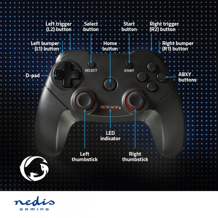 Nedis Gamepad | Wireless | Battery Powered | PC | Number of buttons: 11 | Cable length: 1.00 m | Black Nedis Gamepad | Wireless | Battery Powered | PC | Number of buttons: 11 | Cable length: 1.00 m | Black