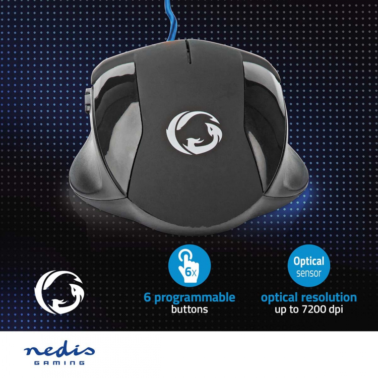 Nedis Gaming Mouse | Wired | 1200 / 2400 / 4800 / 7200 dpi | Adjustable DPI | Number of buttons: 6 | Programmable buttons | Right-Handed | 1.50 m | Without Lighting Nedis Gaming Mouse | Wired | 1200 / 2400 / 4800 / 7200 dpi | Adjustable DPI | Number of buttons: 6 | Programmable buttons | Right-Handed | 1.50 m | Without Lighting