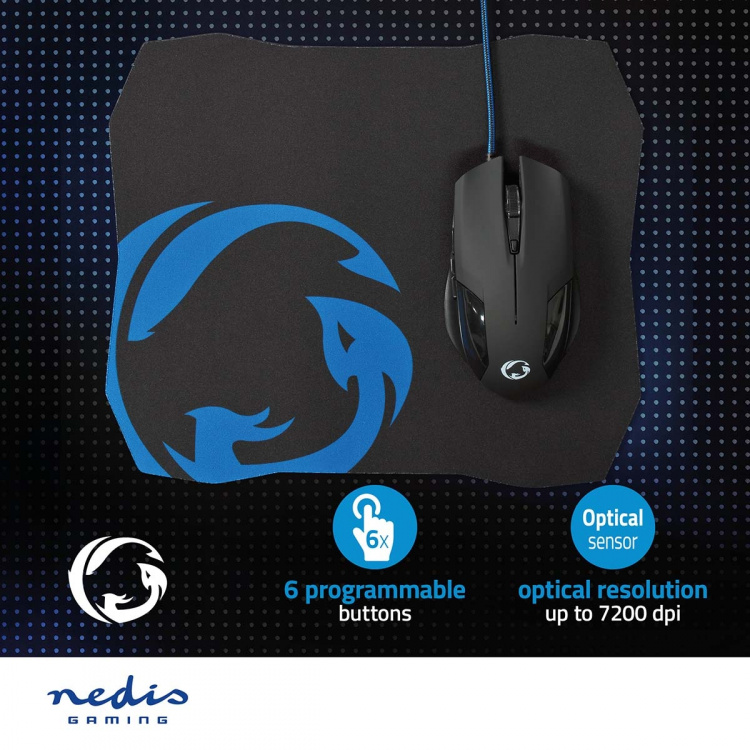 Nedis Gaming Mouse & Mouse Pad Set | Wired | 1200 / 2400 / 4800 / 7200 dpi | Adjustable DPI | Number of buttons: 6 | Right-Handed | 1.50 m | Without Lighting