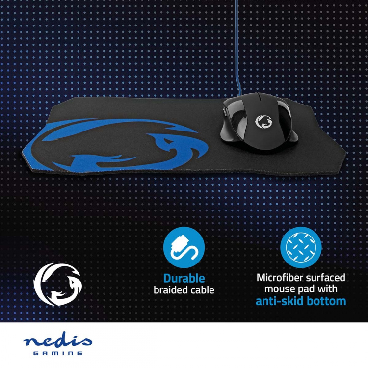 Nedis Gaming Mouse & Mouse Pad Set | Wired | 1200 / 2400 / 4800 / 7200 dpi | Adjustable DPI | Number of buttons: 6 | Right-Handed | 1.50 m | Without Lighting