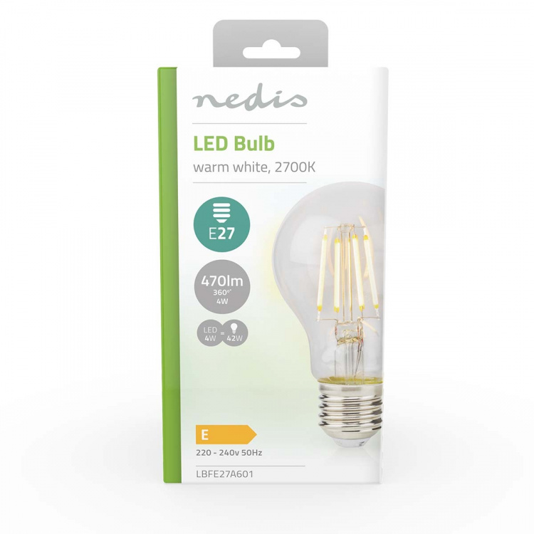 Nedis LED Filament Bulb E27 | A60 | 4 W | 470 lm | 2700 K | Warm White | Retro Style | 1 pcs Nedis LED Filament Bulb E27 | A60 | 4 W | 470 lm | 2700 K | Warm White | Retro Style | 1 pcs