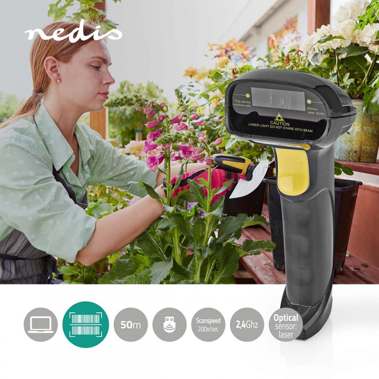 Nedis Barcode Scanner | Laser | Wireless | 1D Linear | Battery Powered / USB Powered | USB Dongle