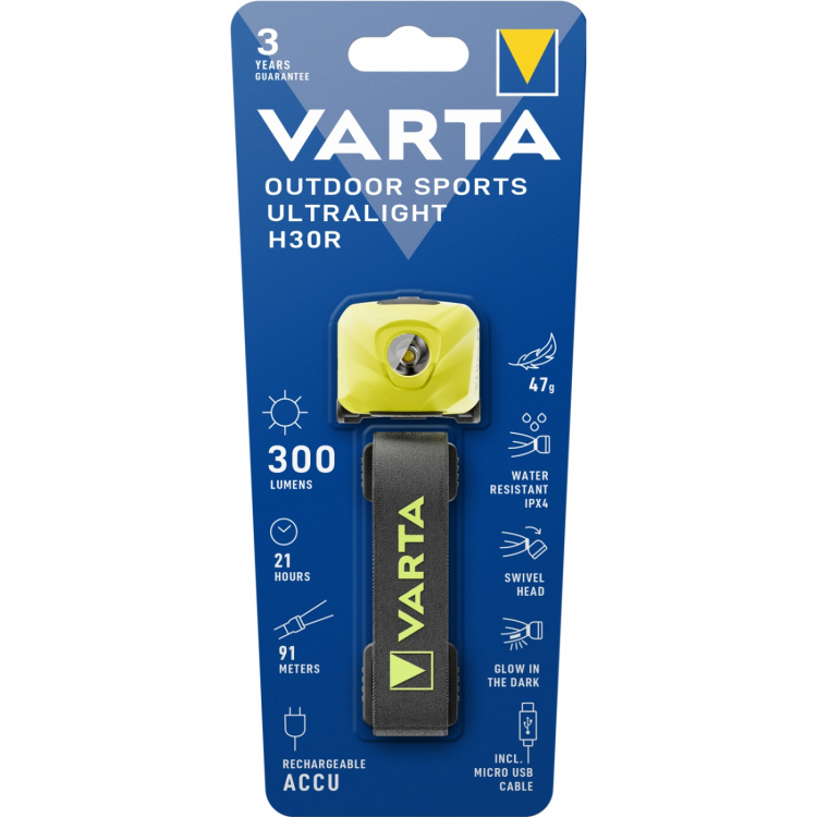 Varta Outdoor Sports Ultralight H30R Pannlampa 300 lm Gul Varta Outdoor Sports Ultralight H30R Pannlampa 300 lm Gul