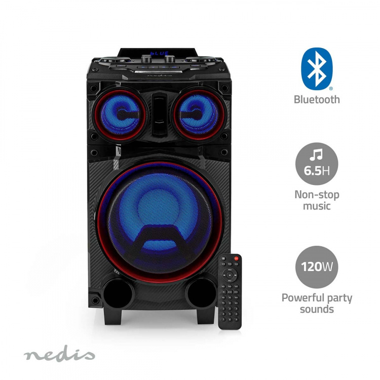 Nedis Bluetooth® Party Speaker | Battery play time: 6.5 hrs | 120 W | Carrying handle | Party lights | Equalizer | Black