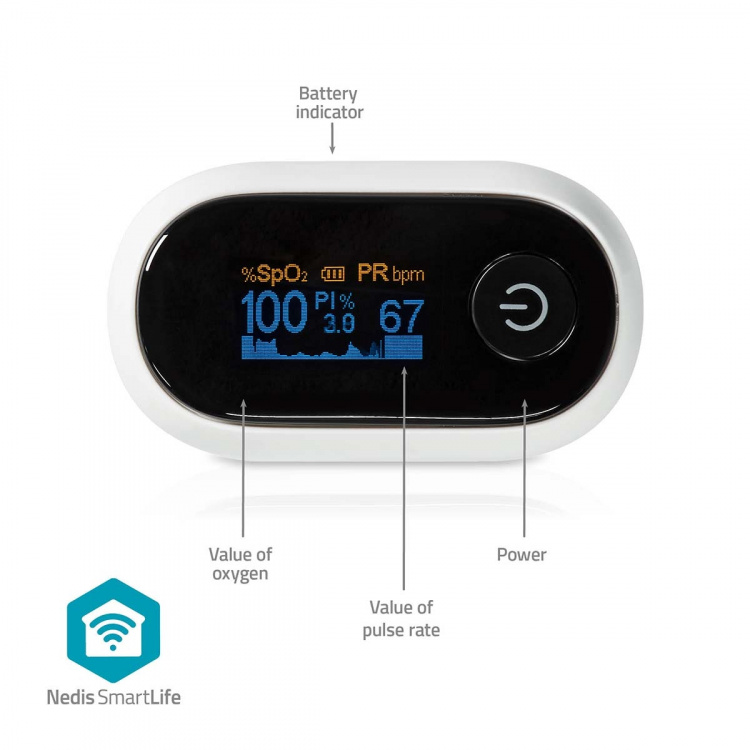 Nedis Pulse Oximeter | Bluetooth | OLED Display | White Nedis Pulse Oximeter | Bluetooth | OLED Display | White