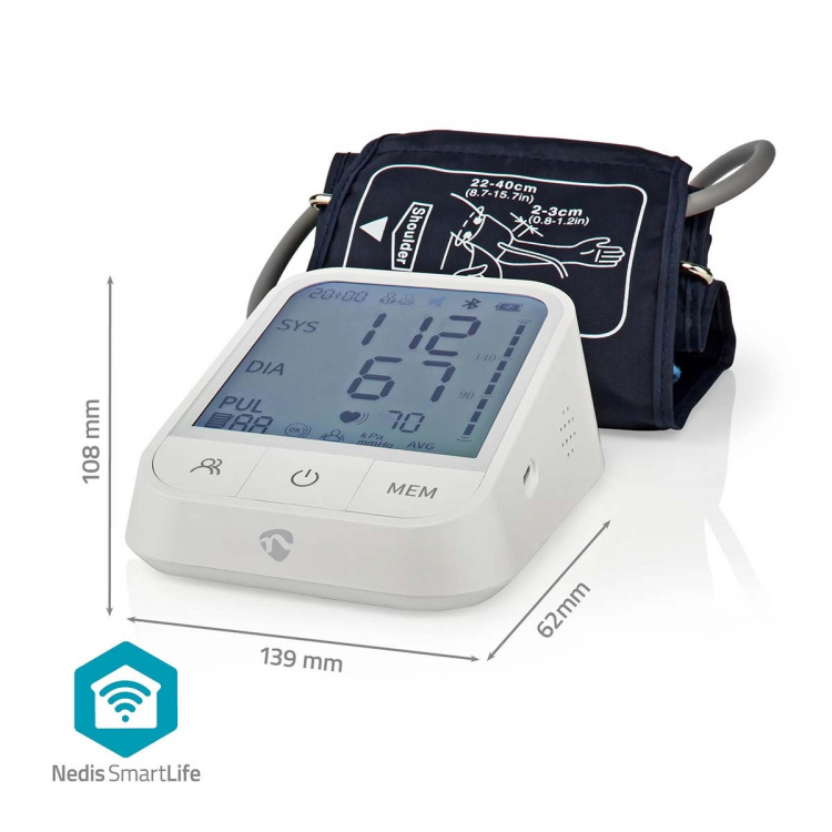 Nedis Blood Pressure Monitor | Arm | Bluetooth | LCD Display | 22 - 42 cm | Memory slots: 2x 99 | White