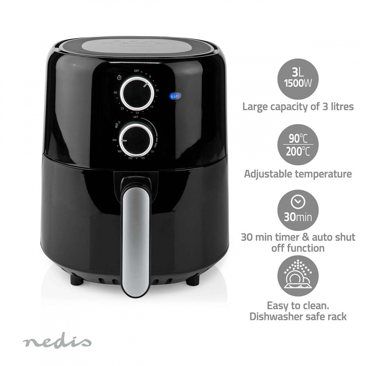 Nedis Hot Air Fryer | 3 l | Timer: 30 min | Analog | Black