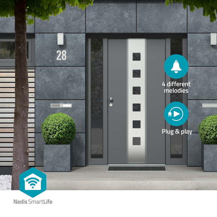 Nedis SmartLife Chime | RF, frequency 433 Mhz | Accessory for: WIFICDP10GY / WIFICDP30WT / WIFICDP40CWT | Battery Powered / USB Powered | 4 Sounds | 4.5 V DC / 5 V DC | Adjustable volume | White