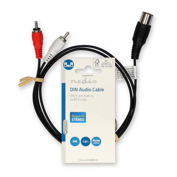 Nedis DIN Audio Cable | DIN 5-Pin Male | 2x RCA Male | Nickel Plated | 1.00 m | Round | PVC | Black | Label