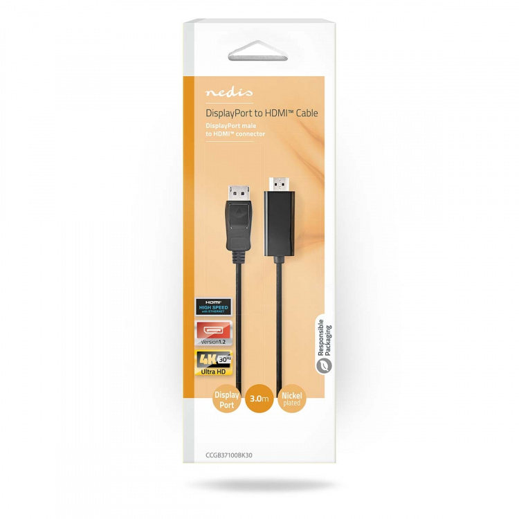 Nedis DisplayPort Cable | DisplayPort Male | HDMI™ Connector | 4K@30Hz | Nickel Plated | 3.00 m | Round | PVC | Black | Box Nedis DisplayPort Cable | DisplayPort Male | HDMI™ Connector | 4K@30Hz | Nickel Plated | 3.00 m | Round | PVC | Black | Box