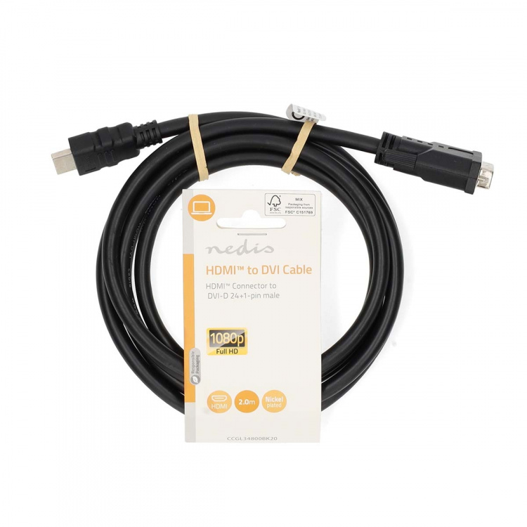 Nedis HDMI™ Cable | HDMI™ Connector | DVI-D 24+1-Pin Male | 1080p | Nickel Plated | 2.00 m | Straight | PVC | Black | Label