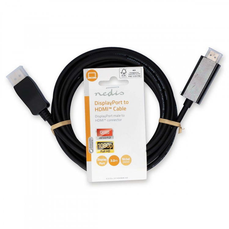 Nedis DisplayPort Cable | DisplayPort Male | HDMI™ Connector | 1080p | Nickel Plated | 3.00 m | Round | PVC | Black | Label Nedis DisplayPort Cable | DisplayPort Male | HDMI™ Connector | 1080p | Nickel Plated | 3.00 m | Round | PVC | Black | Label